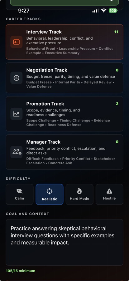 Sparring Room career tracks showing Interview, Negotiation, Promotion, and Manager tracks