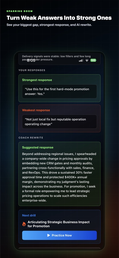 After-action review showing strongest response, biggest gap, and coach rewrite