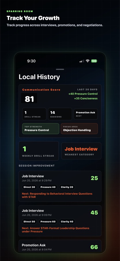 Local history screen with Communication Score and progress tracking